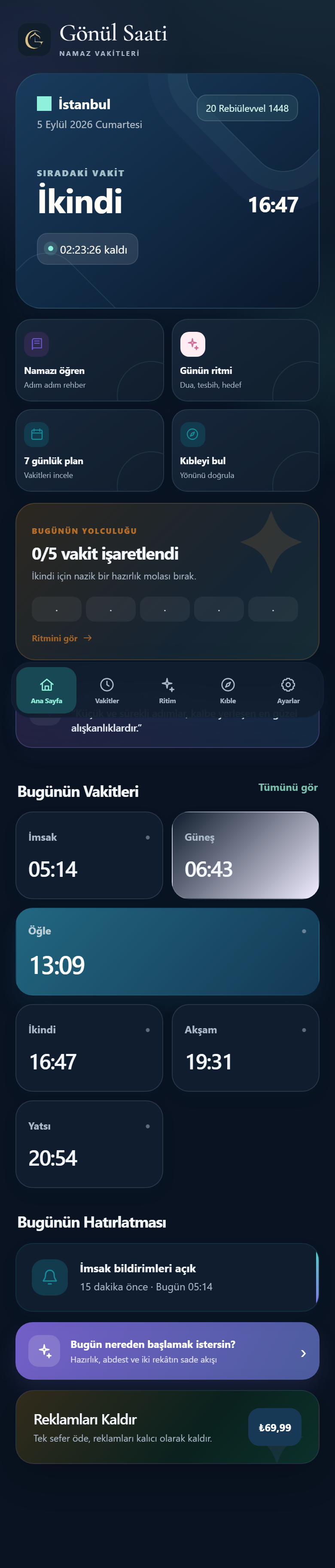 Gönül Saati uygulamasının namaz vakitleri ve günlük ritim ana ekranı