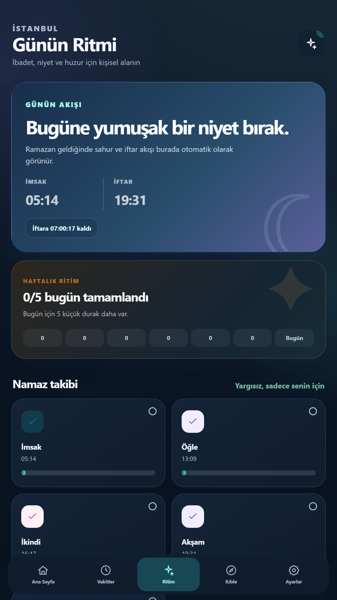 Günün Ritmi, günlük hedefler ve namaz takibi ekranı